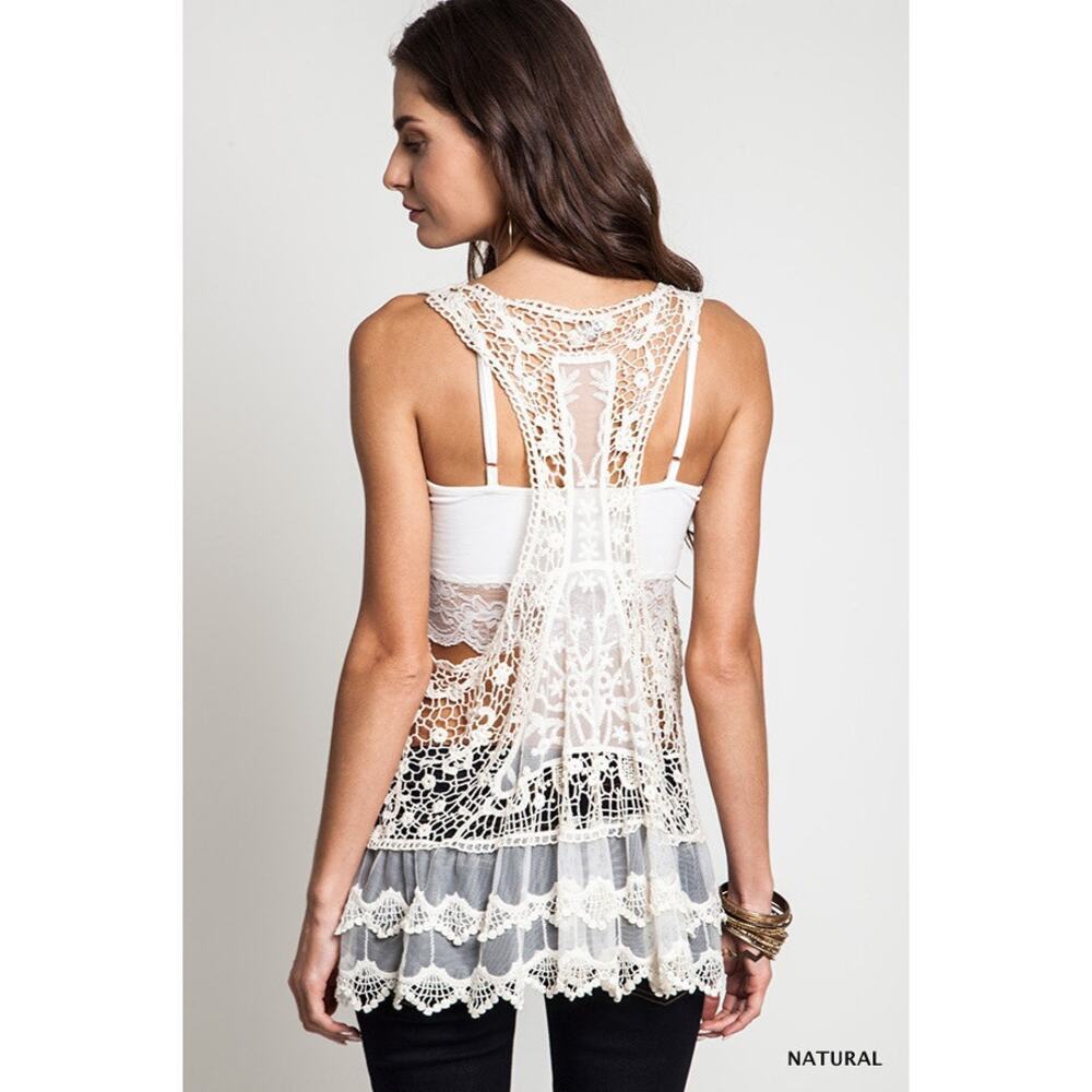 Umgee Lace Crochet Open Back Tank Top M/L Boho Tiered Sheer Cream Romantic - Picture 2 of 10